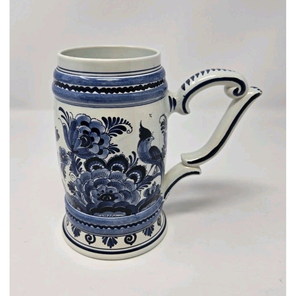 VINTAGE DELFT BLUE WHITE DUTCH POTTERY BEER STEIN GOBLET COLLECTIBLE HOLLAND MUG